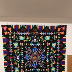 Just completed the top, quilting to begin soon. So glad I tried using black background fabric. The background also has small colored doors.