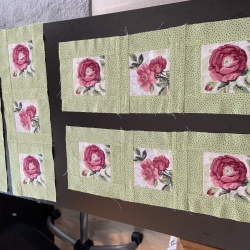 Because I will be sharing this quilt with my fur babies I’m not sewing the applique’ blocks.  Applique’ blocks will have a place of honor on a pillow.  These are fussy cut blocks