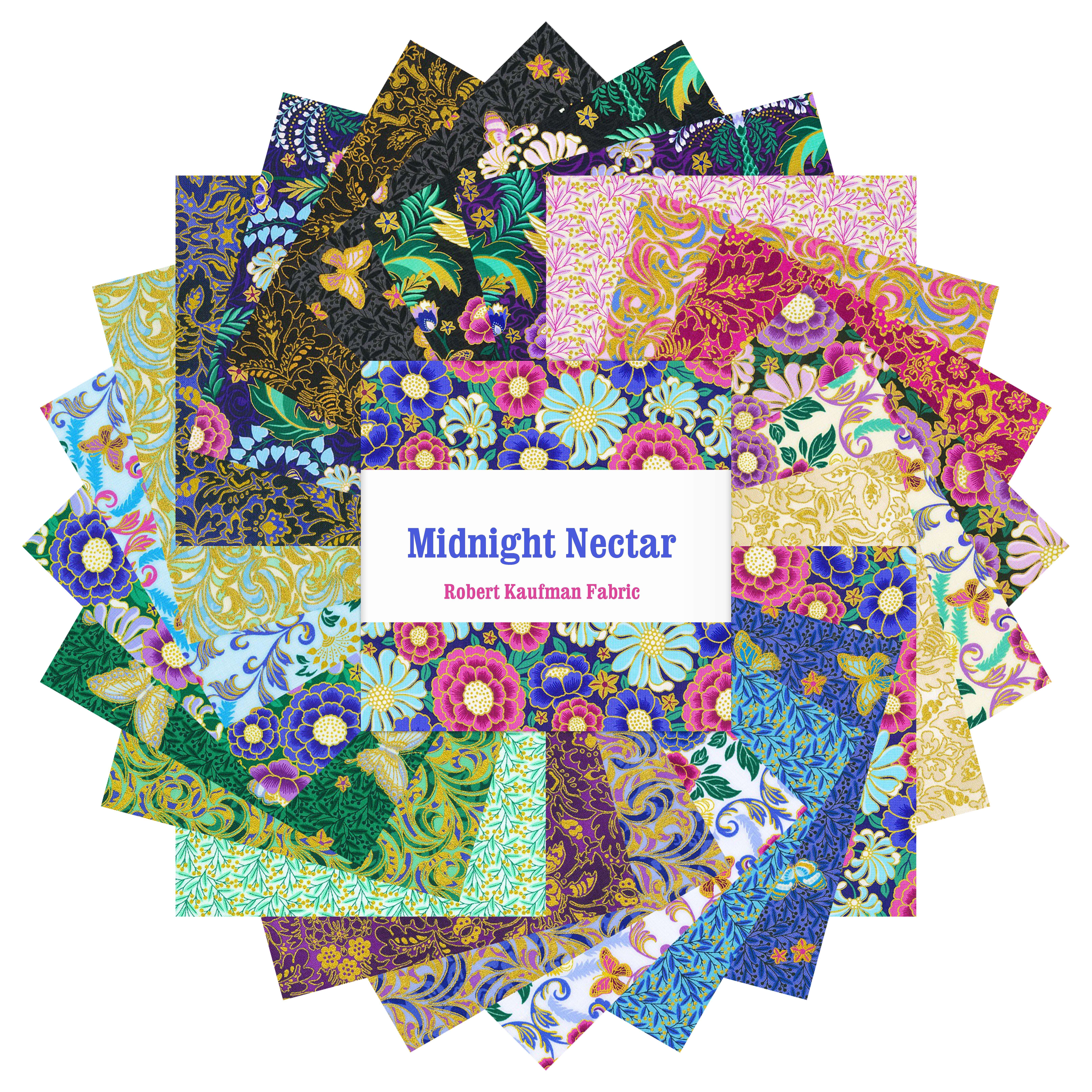 Midnight Nectar 10 inch squares pack by Robert Kaufman Fabrics