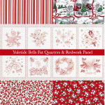 Yuletide Bells Fat Quarter Bundle with Embroidery Panel - Redwork Colorway
